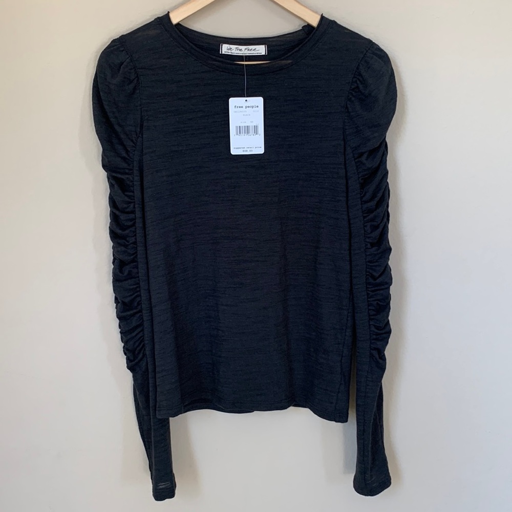 NWT Free People Dark Grey, Long Sleeve Rouched Tee